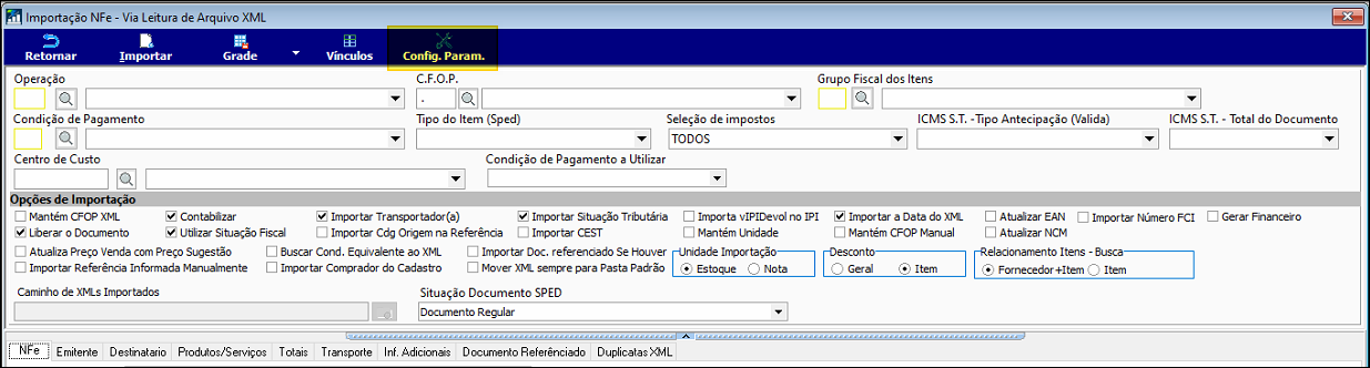 Tela Importação NF-e - Via Leitura de Arquivo XML com botão "Config. Param." habilitado na barra de ferramentas, e campos de Operação, C.F.O.P., Grupo Fiscal dos Itens, Condição de Pagamento e Seleção de impostos visíveis