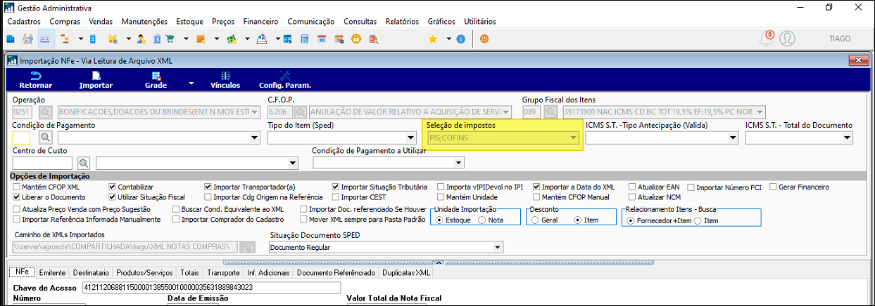 Tela Importação NF-e - Via Leitura de Arquivo XML com os campos "Seleção de impostos" e "ICMS S.T. - Tipo Antecipação (Válida)" destacados e bloqueados, e o usuário "TIAGO" identificado no canto superior direito