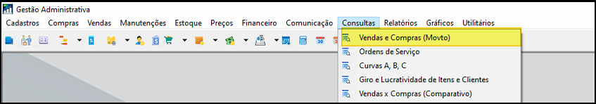 Menu Consultas do módulo Gestão Administrativa com o item "Vendas e Compras (Movto)" destacado. Demais opções visíveis: Ordens de Serviço, Curvas A, B, C, Giro e Lucratividade de Itens e Clientes, Vendas x Compras (Comparativo).