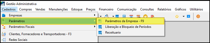 Menu Cadastros com submenu Parâmetros expandido e opção "Parâmetros da Empresa – F9" em destaque