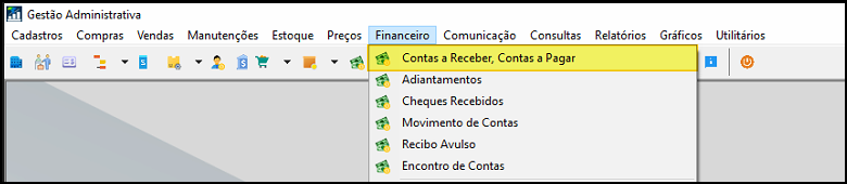 Menu Financeiro expandido com a opção "Contas a Receber, Contas a Pagar" em destaque