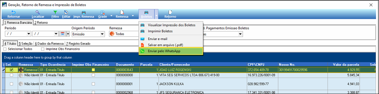 Tela Geração, Retorno de Remessa e Impressão de Boletos com menu do botão Boletos expandido, exibindo as opções: Visualizar Impressão dos Boletos, Imprimir Boletos, Enviar e-mail, Salvar em arquivo (.pdf) e "Enviar pelo WhatsApp" destacada