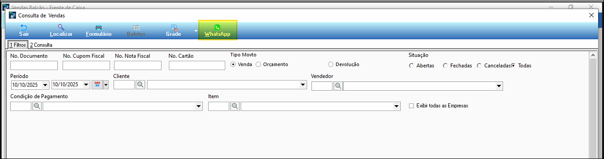 Janela Consulta de Vendas com toolbar contendo os botões Sair, Localizar, Formulário, Boletos, Grade e WhatsApp (destacado em verde); abas 1 Filtros e 2 Consulta; campos de filtro No. Documento, No. Cupom Fiscal, No. Nota Fiscal, No. Cartão, Tipo Movto (Venda selecionado), Situação (Todas selecionado), Período, Cliente, Vendedor, Condição de Pagamento e Item