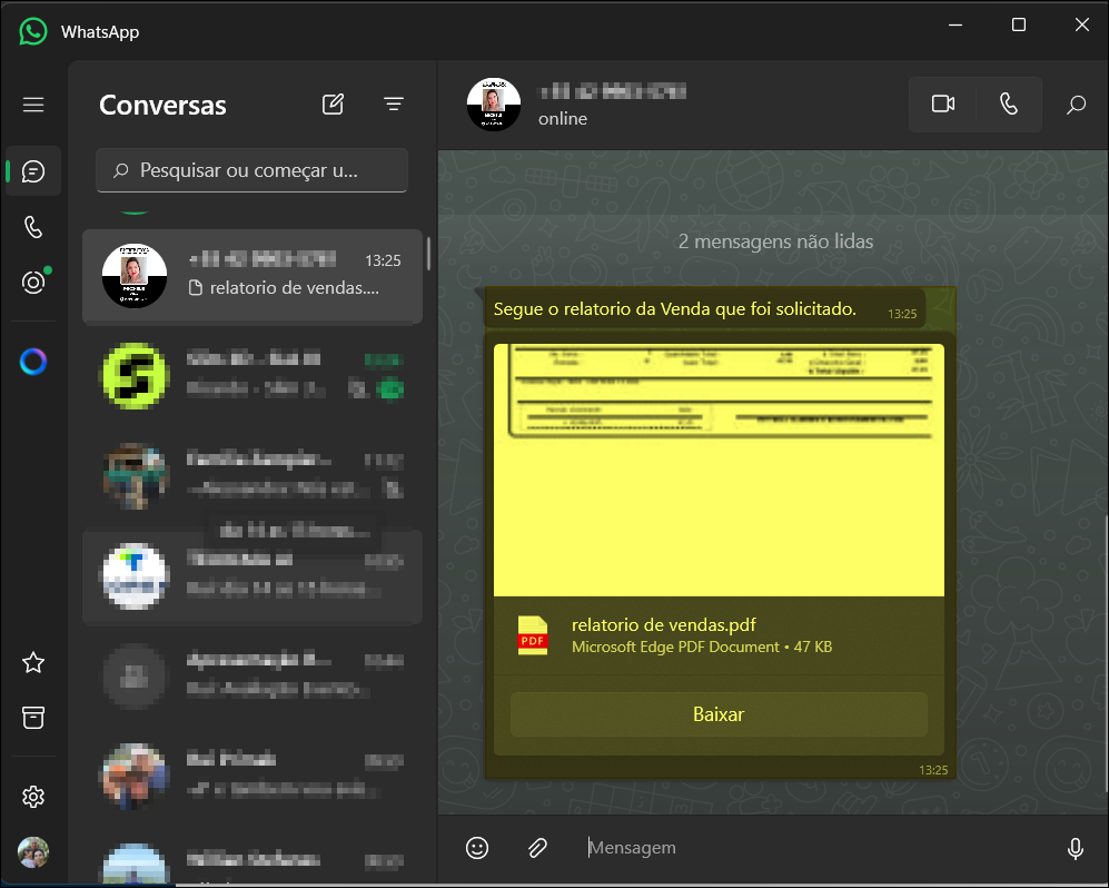 Tela do WhatsApp Desktop mostrando conversa com mensagem "Segue o relatório da Venda que foi solicitado." e arquivo anexado "relatorio de vendas.pdf" (Microsoft Edge PDF Document, 47 KB) com botão Baixar — PII: número de telefone e nomes de contatos visíveis na lista lateral de conversas