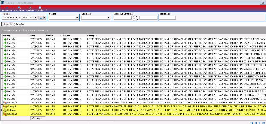 Tela Auditoria - Log de Usuários filtrada por data, listando operações de Inclusão, Operação e Relatório com horário aproximado 09:41–09:42, referentes à importação do pedido para nota e finalização