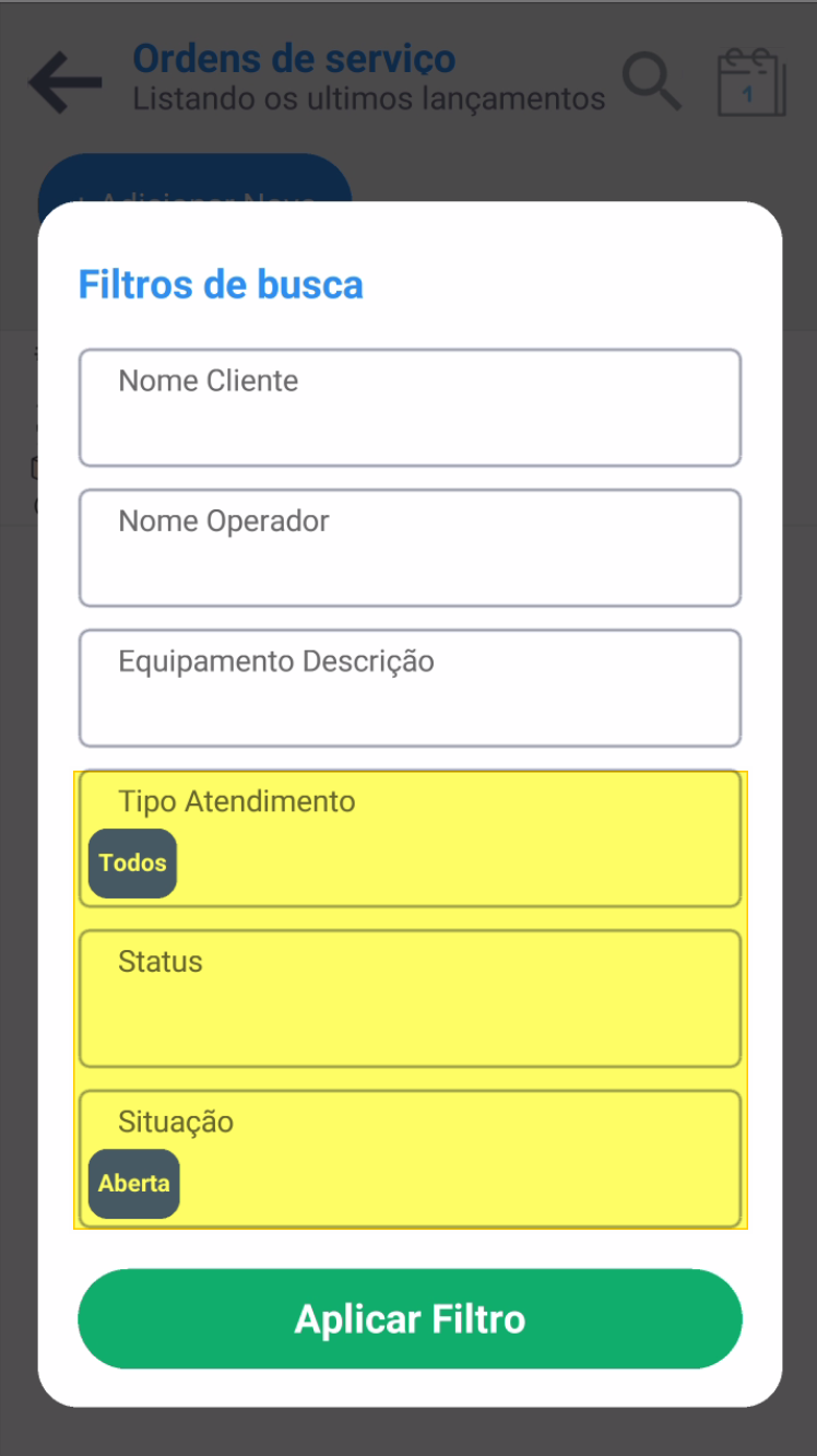 Tela "Filtros de busca" no app Teorema Service, exibindo campos Nome Cliente, Nome Operador, Equipamento Descrição, Tipo Atendimento (com opção "Todos" selecionada), Status e Situação (com opção "Aberta" selecionada), e botão "Aplicar Filtro" ao final