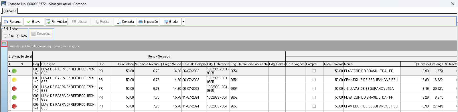 Tela "Cotação No. 0000002572 – Situação Atual: Cotando" com grid de itens e fornecedores; colunas Situação Geral, Cdg, Descrição, Und, Quantidade, $ Compra Anterior, $ Preço Venda, Data Últ. Compra, Cdg. Referência, Nome do fornecedor, $ Unitário, Diferença e % Desconto; razões sociais de fornecedores visíveis nos pixels