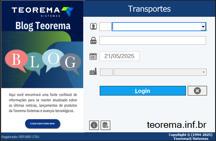 Tela de login do módulo Transportes com campos Usuário (lista suspensa), Senha, Data preenchida com 21/05/2025, Empresa/Filial e botão Login