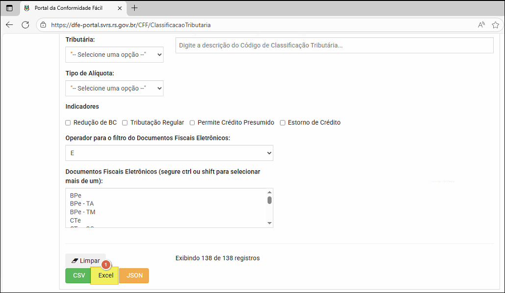 Portal da Conformidade Fácil — painel de filtros com campos Tributária, Tipo de Alíquota, Indicadores e lista de Documentos Fiscais Eletrônicos (BPe, CTe); botões CSV, Excel e JSON para download; contador "Exibindo 138 de 138 registros"