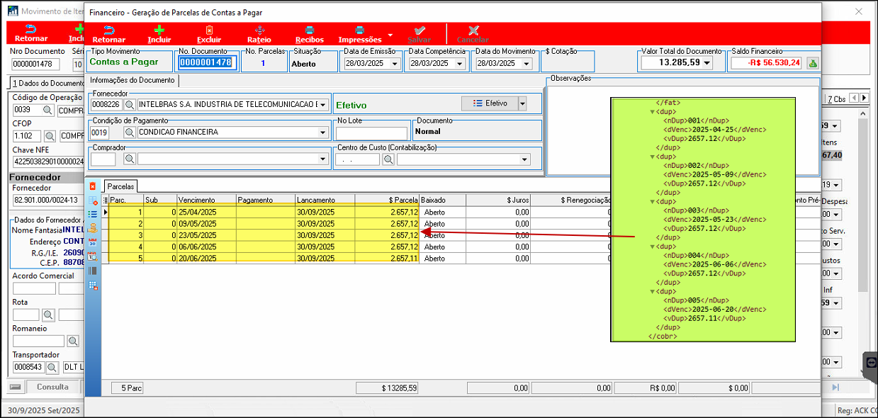 Tela Financeiro – Geração de Parcelas de Contas a Pagar com lista de parcelas geradas automaticamente a partir do XML importado, exibindo colunas de data de vencimento, valor e fornecedor vinculado. Painel lateral direito exibe estrutura XML da nota com tags de duplicatas.
