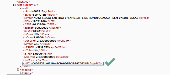 Visualização do XML da NF-e de saída com a estrutura do elemento "det nItem=1 > prod" expandida, exibindo as tags do produto (cProd, cEAN, xProd, NCM, CEST, cBenef, CFOP, uCom, qCom, vUnCom, vProd, entre outras) e a tag nFCI com o número FCI preenchido, destacada