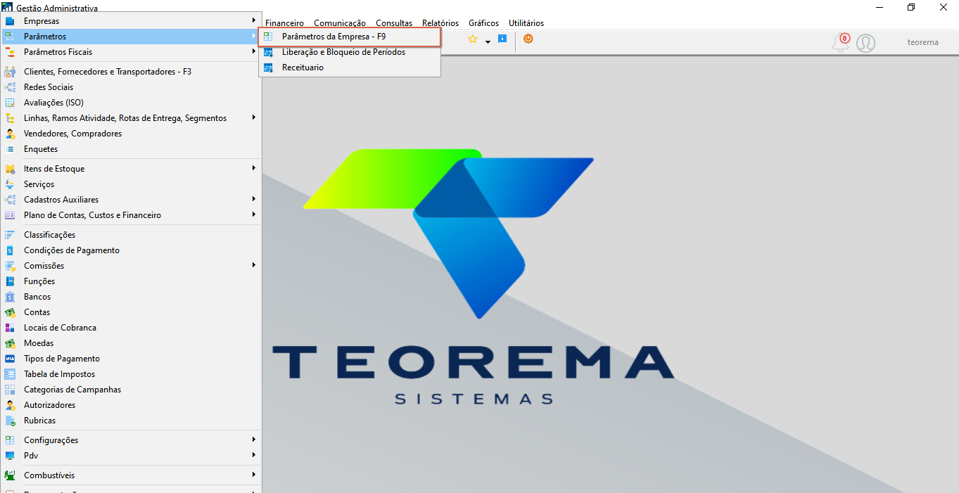 Menu Parâmetros no módulo Gestão Administrativa com submenu expandido mostrando as opções Parâmetros da Empresa (F9), Liberação e Bloqueio de Períodos e Receituário