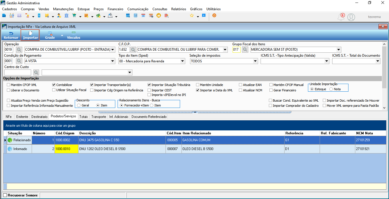 Tela Importação NFe Via Leitura de Arquivo XML com campos de Operação (0019 – COMPRA DE COMBUSTIVEL/LUBRIF POSTO-ENTRADA), CFOP 1.652, Grupo Fiscal dos Itens, opções de importação e lista de itens na aba Produtos/Serviços mostrando dois itens: ONU 3475 GASOLINA C S50 (Situação Relacionado) e ONU 1202 OLEO DIESEL B S500 (Situação Informado)