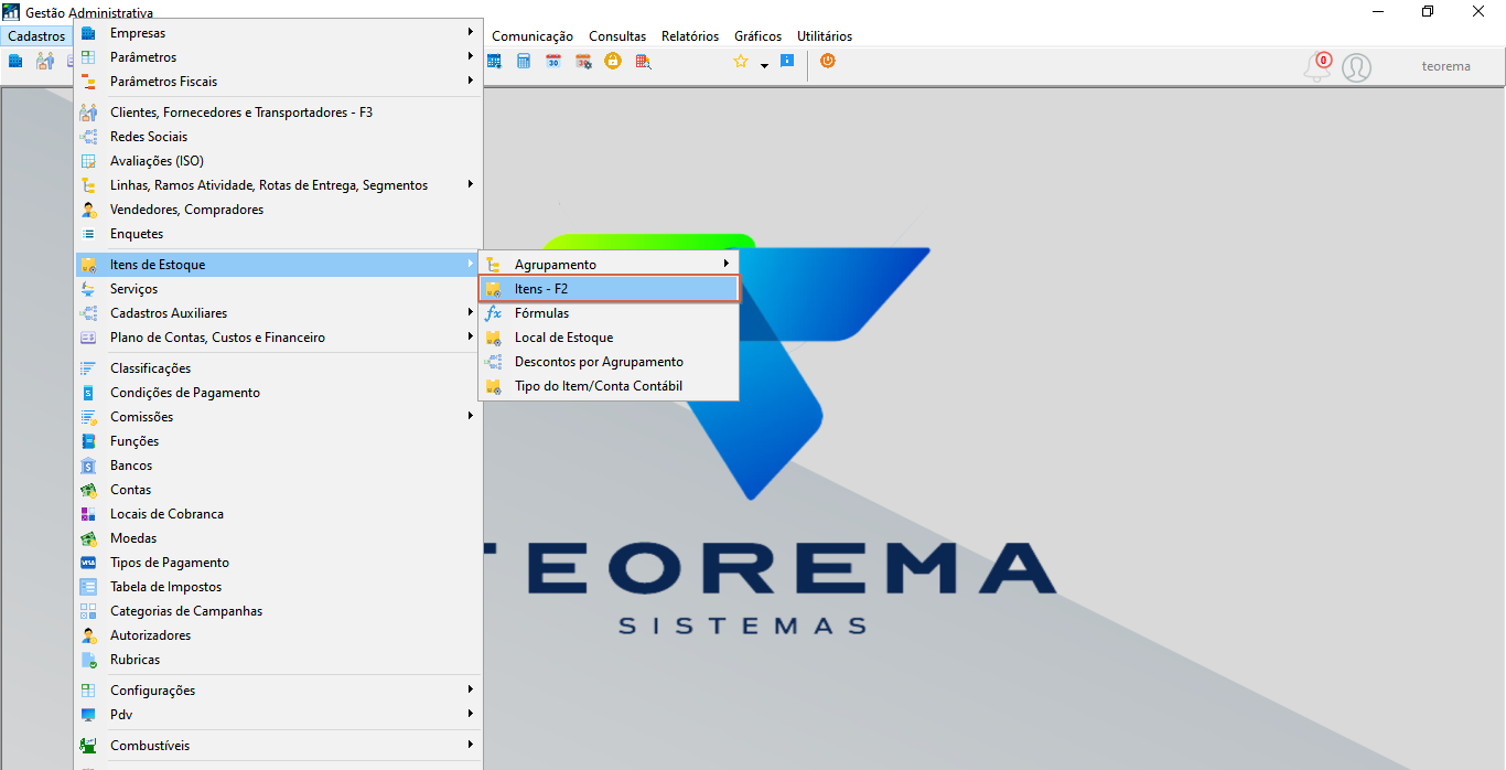 Menu Cadastros expandido com submenu Itens de Estoque aberto e opção Itens - F2 destacada
