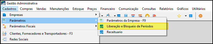 Menu Cadastros do módulo Gestão Administrativa expandido, com a opção "Liberação e Bloqueio de Períodos" destacada em amarelo