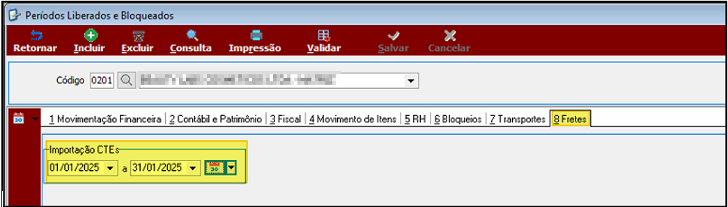 Tela Períodos Liberados e Bloqueados com a aba "8 Fretes" selecionada; seção "Importação CTEs" exibindo período de 01/01/2025 a 31/01/2025 configurado