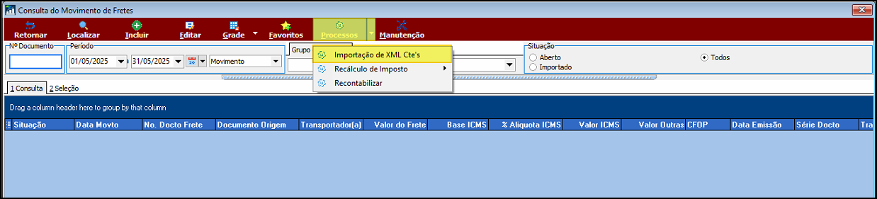 Tela Consulta do Movimento de Fretes com o menu Processos aberto e a opção "Importação de XML Cte's" destacada em amarelo