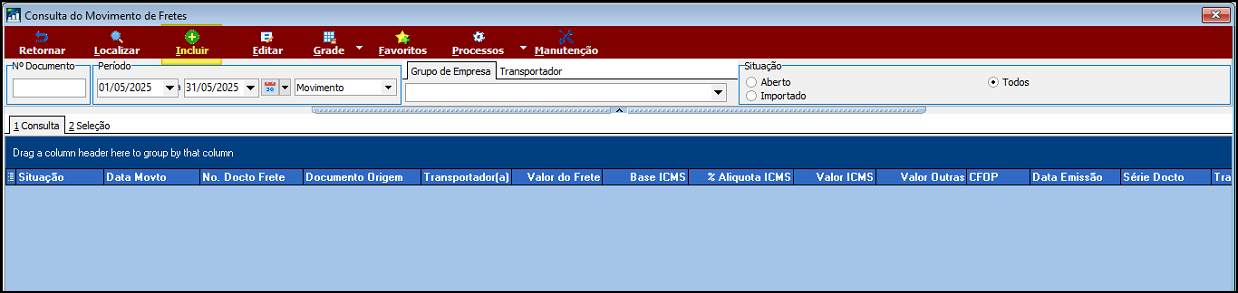 Tela Consulta do Movimento de Fretes com o botão "Incluir" em destaque no menu superior