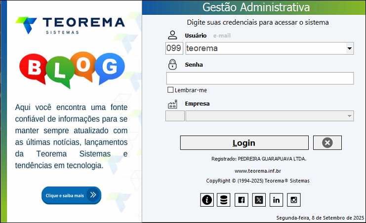 Tela de login do Gestão Administrativa com campos Usuário/e-mail preenchido com código numérico, campo Senha, checkbox Lembrar-me, seletor de Empresa e botões Login e fechar (X)