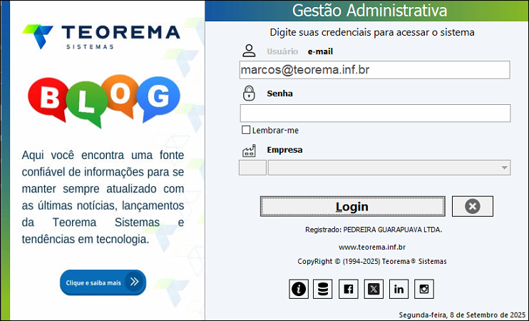 Tela de login do Gestão Administrativa com campo Usuário/e-mail preenchido com endereço de e-mail de exemplo, campo Senha vazio, checkbox Lembrar-me, seletor de Empresa e botões Login e fechar (X)