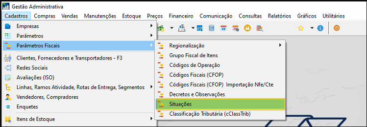 Menu Cadastros com submenu Parâmetros Fiscais expandido, opção Situações destacada em verde