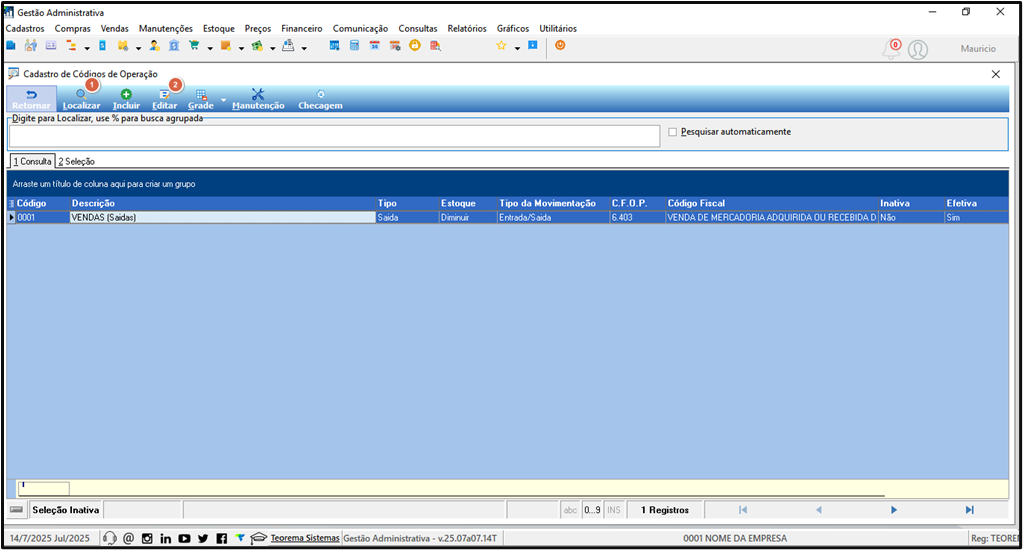 Tela Cadastro de Códigos de Operação com registro 0001 VENDAS (Saídas), tipo Saída, estoque Diminuir, CFOP 6.403, botões Localizar, Incluir, Editar, Manutenção e Checagem na toolbar
