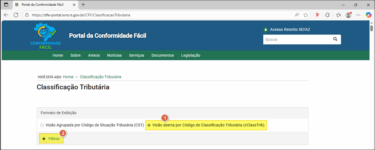 Portal da Conformidade Fácil, tela Classificação Tributária, com opção "Visão aberta por Código de Classificação Tributária (cClassTrib)" selecionada e botão "+ Filtros" destacado