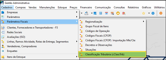 Menu Gestão Administrativa com Parâmetros Fiscais expandido e opção Classificação Tributária (cClassTrib) destacada