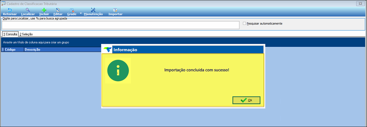 Diálogo de informação com mensagem "Importação concluída com sucesso!" e botão Ok