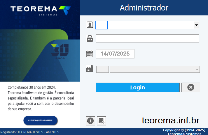 Tela de login do sistema Teorema Administrador com campos Usuário, Senha, Data (14/07/2025) e Empresa; botão Login em destaque
