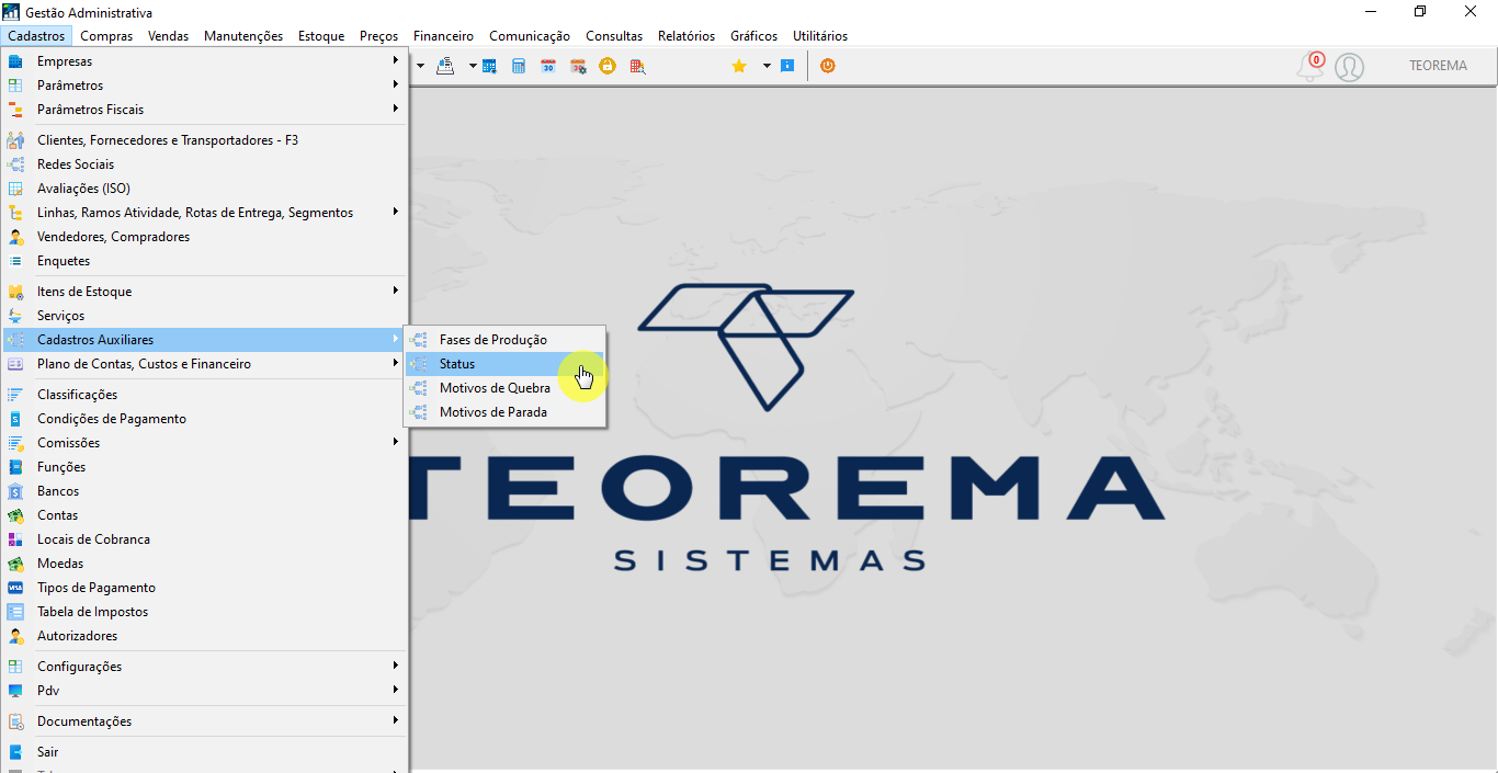 Menu Gestão Administrativa com o submenu Cadastros Auxiliares expandido e a opção Status selecionada