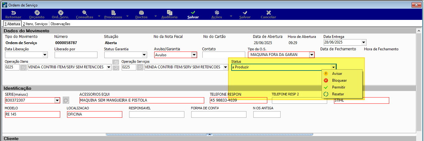 Tela Ordem de Serviço com dropdown de validação do campo Status expandido exibindo as opções Avisar, Bloquear, Permitir e Resetar