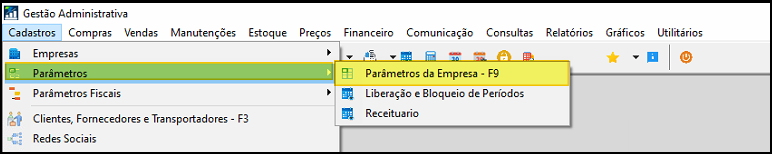 Menu Cadastros > Parâmetros > Parâmetros da Empresa - F9 em destaque no módulo Gestão Administrativa