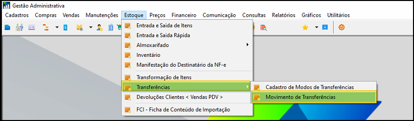 Menu Estoque > Transferências > Movimento de Transferências em destaque no módulo Gestão Administrativa