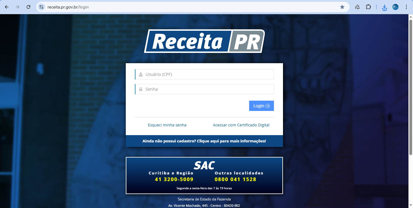 Tela de login do portal Receita PR com campos "Usuário (CPF)" e "Senha", botões "Esqueci minha senha" e "Acessar com Certificado Digital", e SAC com telefones 41 3200-5009 e 0800 041 1528