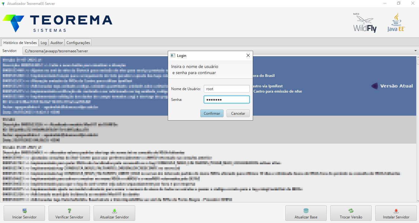Caixa de diálogo "Login" com a mensagem "Insira o nome de usuário e senha para continuar", campos "Nome de Usuário" preenchido com "root" e "Senha" preenchida com asteriscos, e botões "Confirmar" e "Cancelar"
