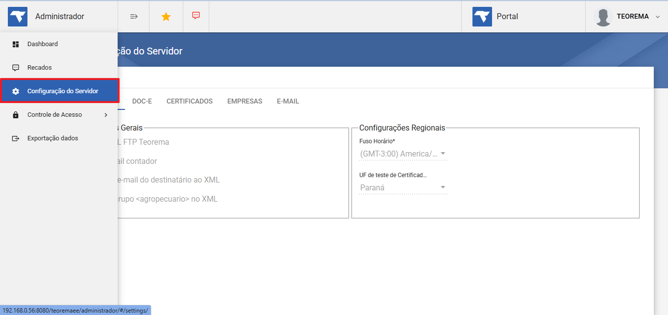 Tela "Configuração do Servidor" do módulo Administrador com menu lateral exibindo "Dashboard", "Recados", "Configuração do Servidor" (em destaque), "Controle de Acesso" e "Exportação dados"; abas da tela: "GERAL/REGIONAIS", "DOC-E", "CERTIFICADOS", "EMPRESAS" e "E-MAIL"
