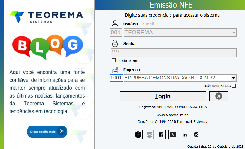 Tela de login do módulo "Emissão NFE" com campos "001 TEOREMA" (usuário), "Senha" e "Empresa: 0001 EMPRESA DEMONSTRACAO NFCOM 62"; rodapé com "Registrado: VIVER MAIS COMUNICACAO LTDA", "www.teorema.inf.br" e "CopyRight © (1994-2025) Teorema® Sistemas"