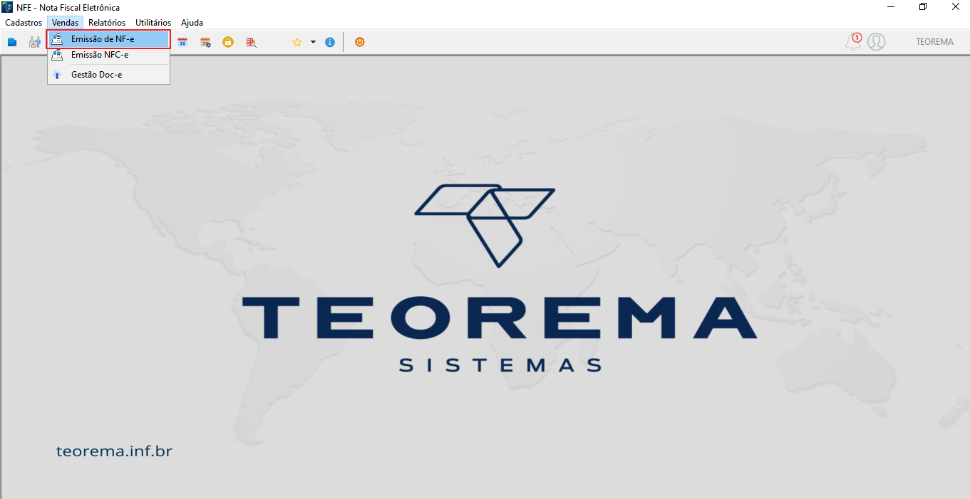 Tela principal do módulo "NFE - Nota Fiscal Eletrônica" com menu "Vendas" expandido e item "Emissão de NF-e" em destaque; demais itens: "Emissão NFC-e" e "Gestão Doc-e"