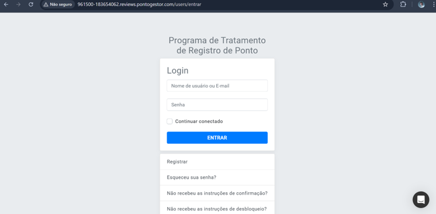Tela de login do PontoGestor com título "Programa de Tratamento de Registro de Ponto", campos "Nome de usuário ou E-mail" e "Senha", checkbox "Continuar conectado" e botão "ENTRAR". Abaixo do botão: links "Registrar", "Esqueceu sua senha?", "Não recebeu as instruções de confirmação?" e "Não recebeu as instruções de desbloqueio?"