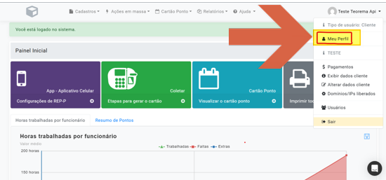 Painel inicial do PontoGestor com menu suspenso aberto ao clicar no nome do usuário. Menu exibe: Tipo de usuário: Cliente, "Meu Perfil" (destacado), TESTE, Pagamentos, Exibir dados cliente, Alterar dados cliente, Domínios/IPs liberados, Usuários, Sair.