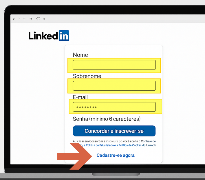 Página inicial do LinkedIn com formulário de cadastro exibindo campos Nome, Sobrenome, E-mail e Senha, botão azul "Concordar e inscrever-se" e link "Cadastre-se agora" destacado com seta