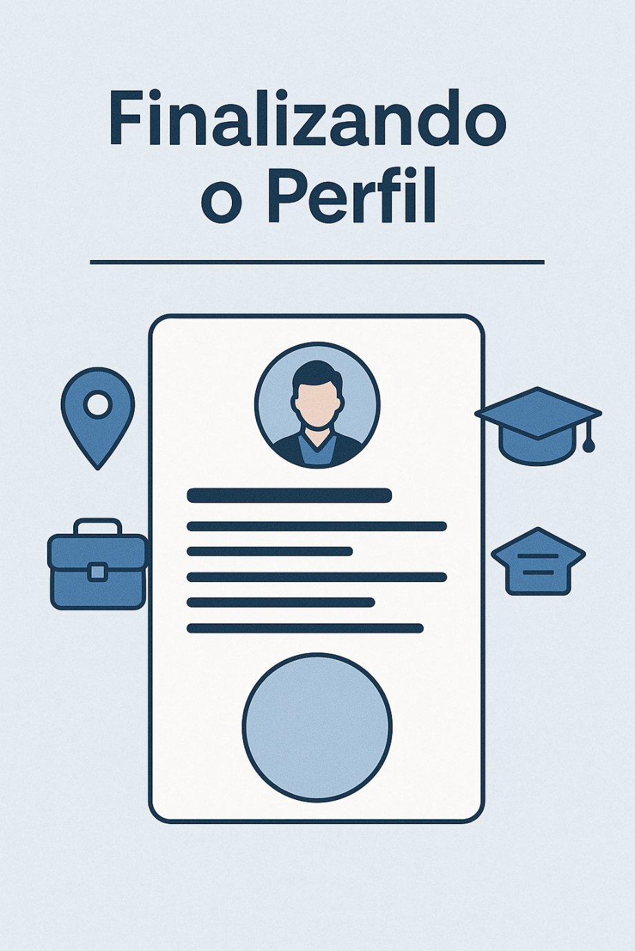 Ilustração com título "Finalizando o Perfil" e ícones representando localização, maleta, diploma e foto de perfil