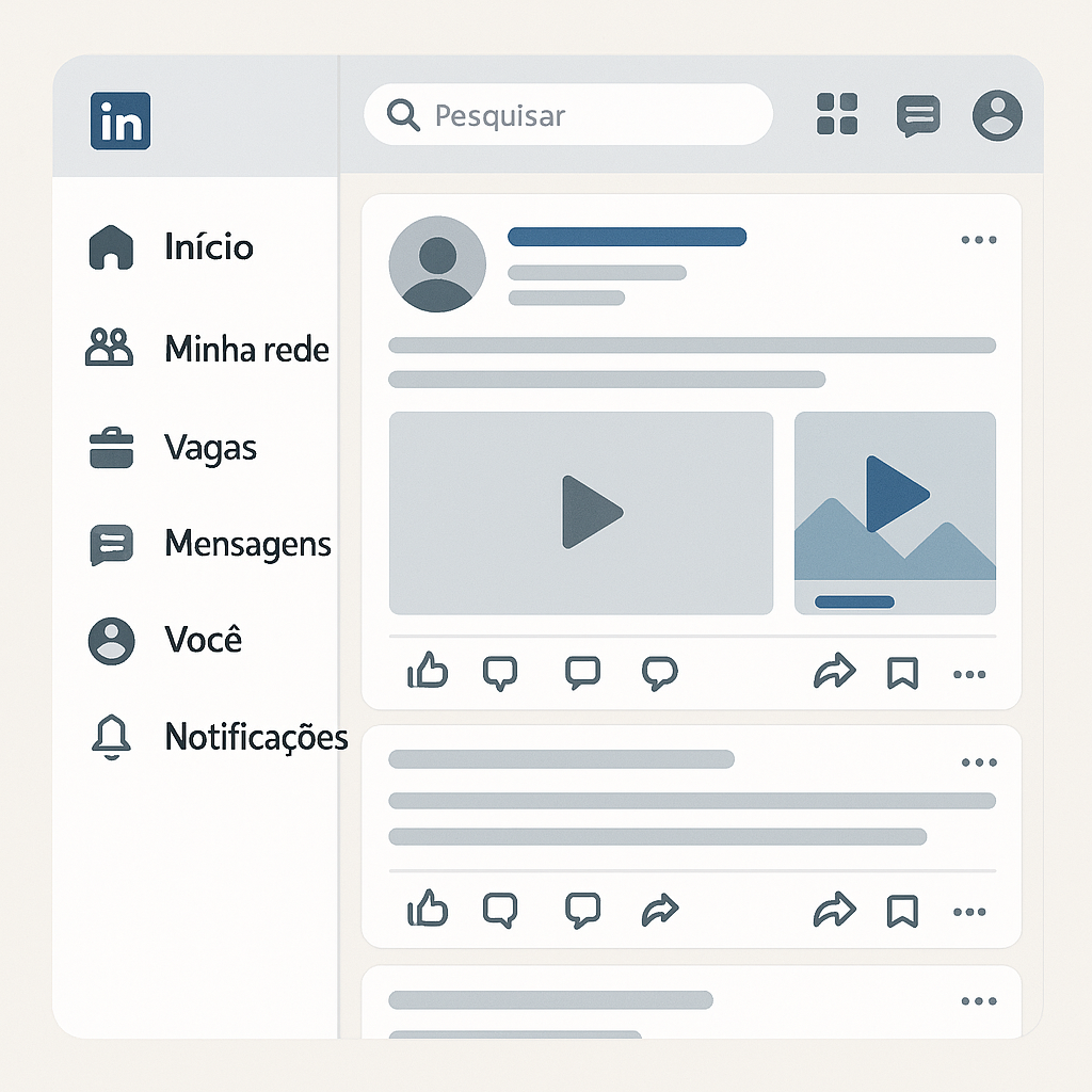 Interface do LinkedIn mostrando menu lateral com itens Início, Minha rede, Vagas, Mensagens, Você e Notificações; área central com feed de publicações com ícones de curtir, comentar e compartilhar