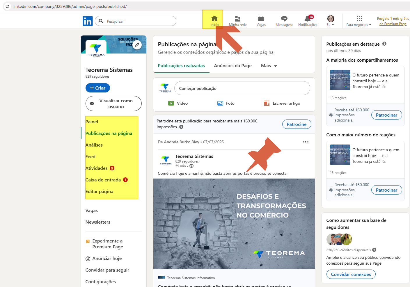 Página de publicações da Teorema Sistemas no LinkedIn exibindo feed com publicações, botão "Começar publicação" e painel lateral de "Publicações em destaque"