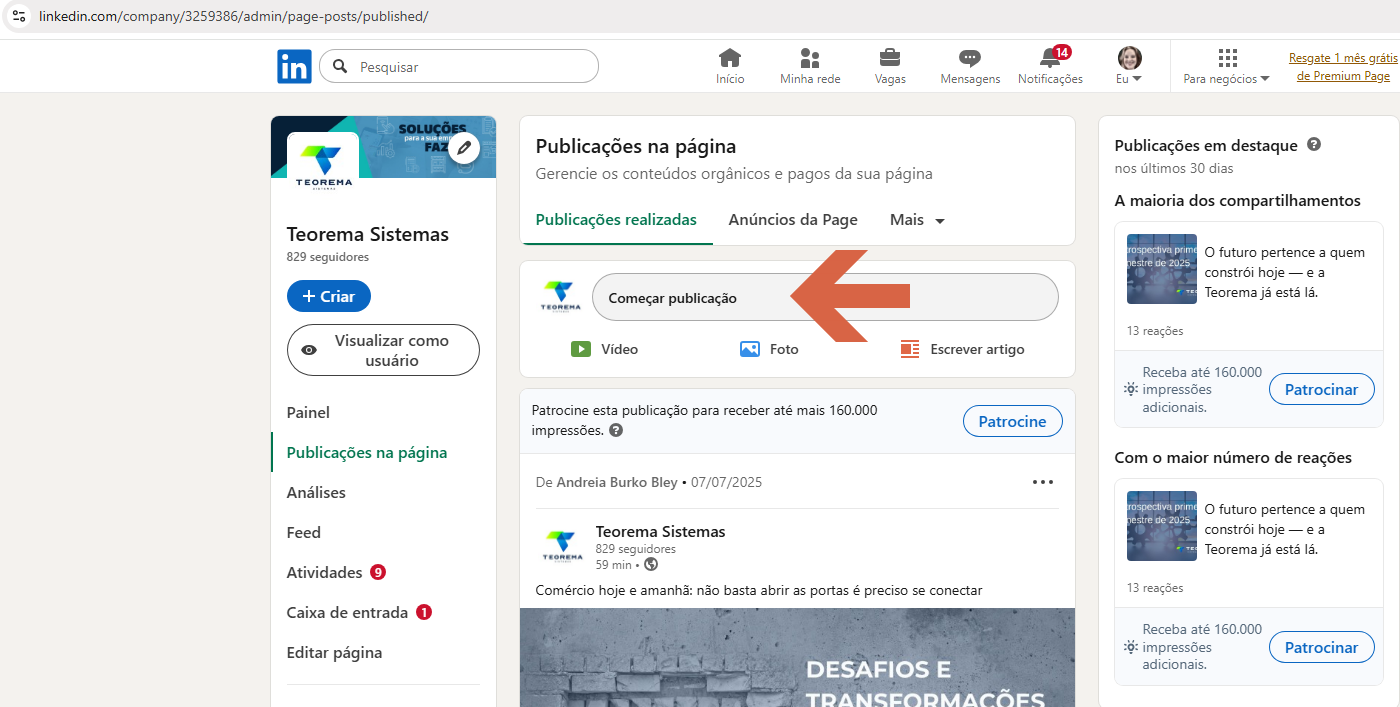 Página de publicações da Teorema Sistemas com botão "Começar publicação" destacado na área superior do feed
