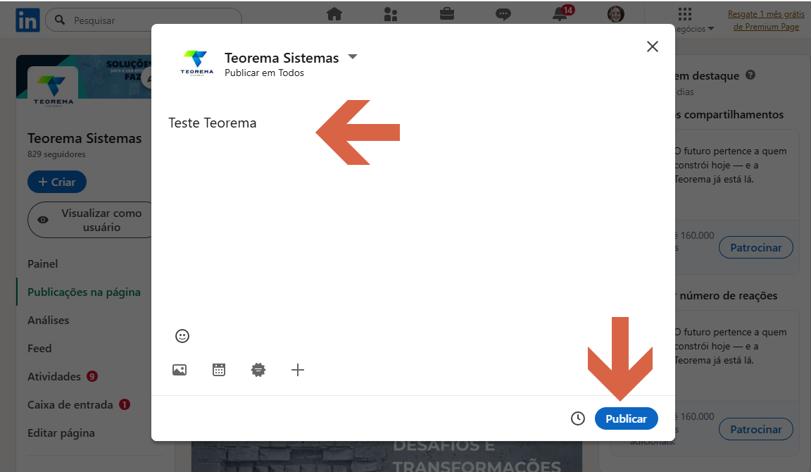 Modal de criação de publicação do LinkedIn com campo de texto exibindo "Teste Teorema", ícones para adicionar mídia e botão azul "Publicar"