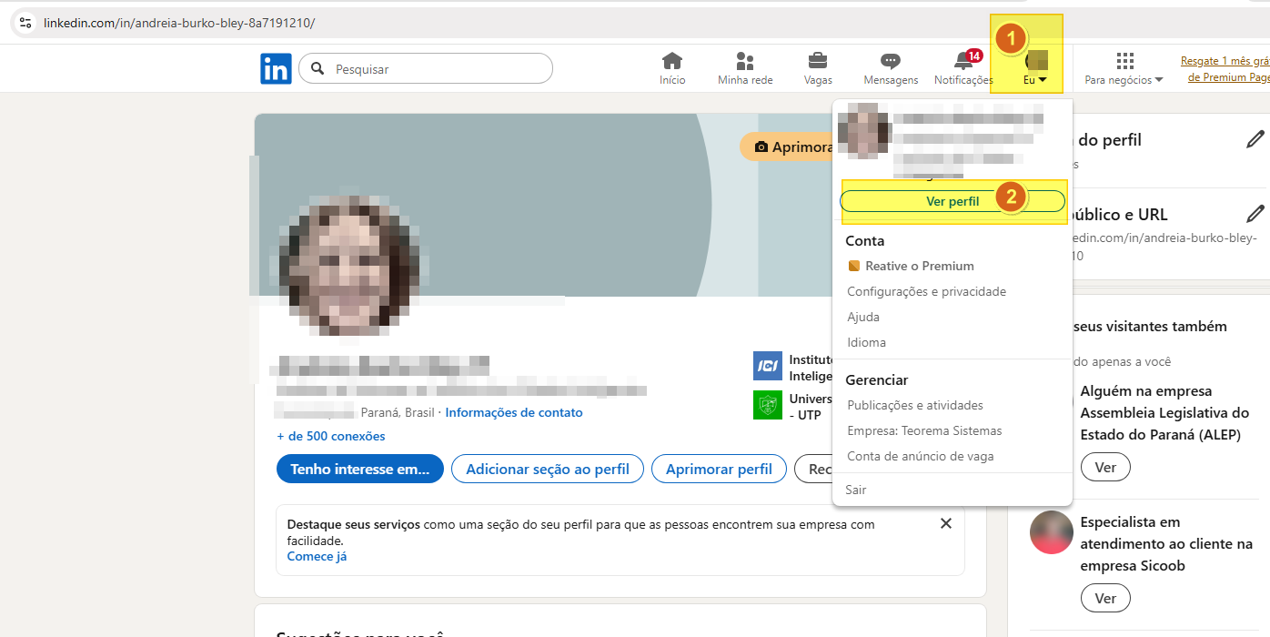 Menu suspenso "Eu" aberto no LinkedIn com opções Ver perfil, Conta, Configurações e privacidade, Ajuda, Idioma e Gerenciar; botão "Ver perfil" destacado