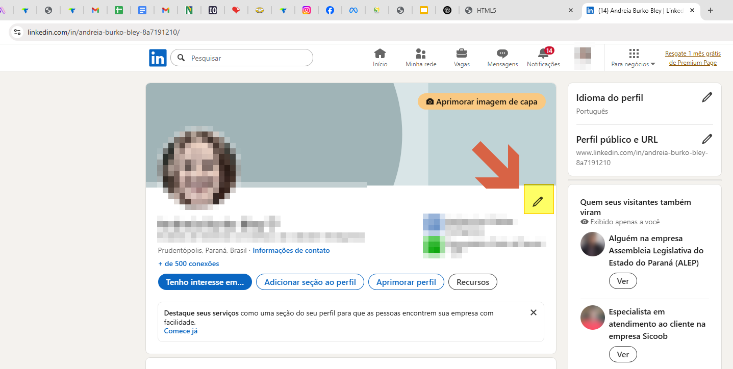 Página de perfil do LinkedIn exibindo foto, capa com botão "Aprimorar imagem de capa", botões "Tenho interesse em...", "Adicionar seção ao perfil", "Aprimorar perfil" e ícone de lápis para edição destacado