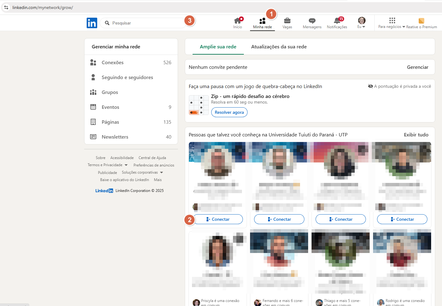 Página "Minha rede" do LinkedIn (linkedin.com/mynetwork/grow) com painel esquerdo "Gerenciar minha rede" mostrando Conexões (526), Seguindo e seguidores, Grupos, Eventos (9), Páginas (135), Newsletters (40); área central com sugestões de conexão e botões "Conectar"; barra de pesquisa no topo marcada com o número 3